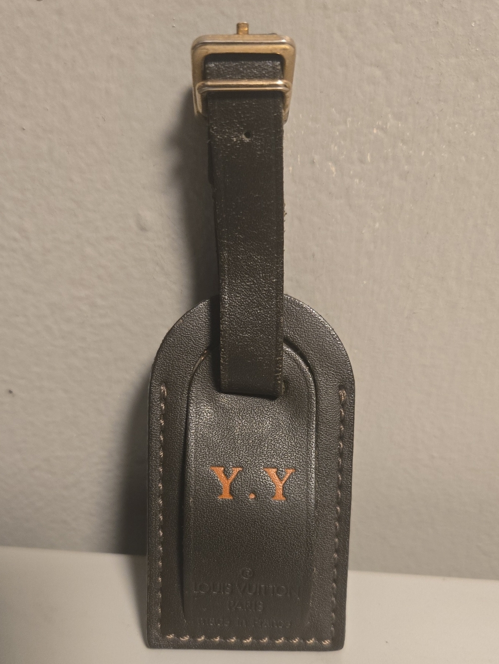 Louis Vuitton Brown Leather Luggage Tag with Orange Initials